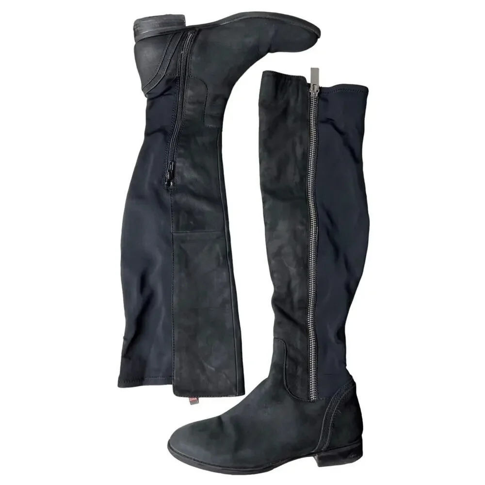 ALDO Black Knee High Riding Boot 2 Tone Half Leather/Stretch Size 7.5 Women’s